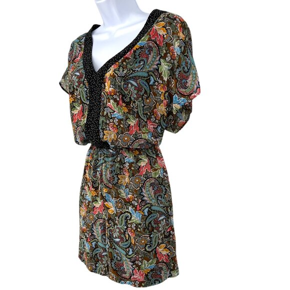 DR2 Paisley Floral Print Romper V-Neck Short Sleeve Black Multi-Color Size Large - Picture 6 of 12
